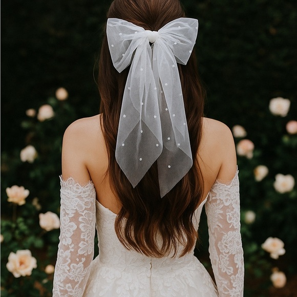 Anthropologie Accessories - Pearl Tulle Bridal Bow Polka Dot Veil Clip Romantic Bride Hair